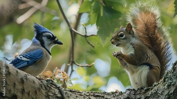 Fototapeta A squirrel and a blue jay having a conversation in a tree