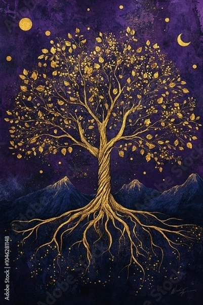 Fototapeta Majestic golden tree against a mystical purple sky with celestial elements and mountainous background highlighting nature's beauty and harmony