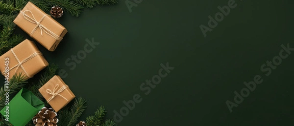Fototapeta A festive arrangement of wrapped gifts on a green surface, adorned with pine branches and pinecones, creating a warm holiday atmosphere.