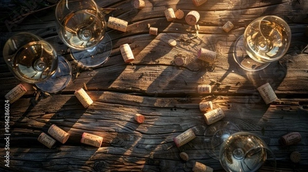 Fototapeta Wine Corks and Glasses on a Rustic Wooden Table