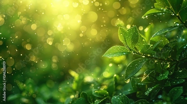 Fototapeta Background with green leaves and water drops at sunset