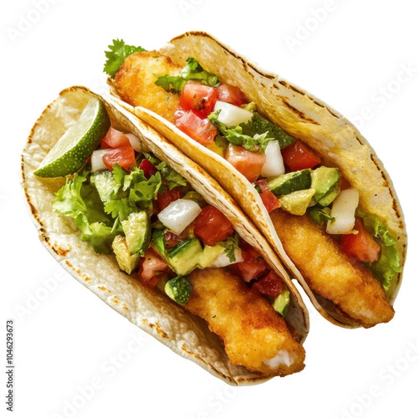 Obraz Crispy Fish Tacos with Fresh Toppings, a delicious and vibrant dish showcasing perfectly fried fish and colorful garnishes