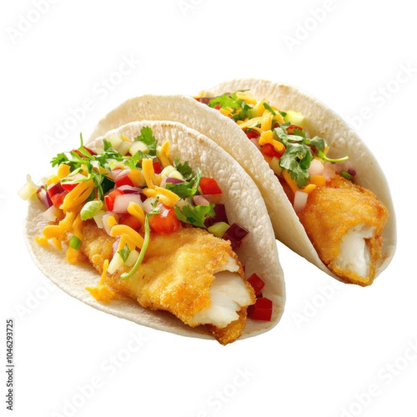 Obraz Crispy Fish Tacos, featuring golden fish fillets, vibrant toppings, and a zesty sauce, perfect for a flavorful meal experience.