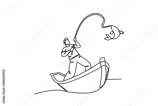 Obraz Continuous one line drawing of Man fishing on a boat
