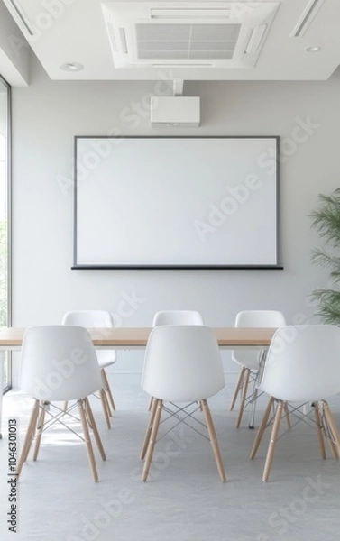 Fototapeta Modern Minimalist Conference Room with Digital Presentation Screen and Stylish Ergonomic Chairs