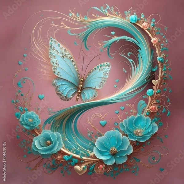 Fototapeta A butterfly landing on a blooming flower branch, Abstract Floral Swirls Background, Swedish Princess Cake with marzipan, metallic sculpture.