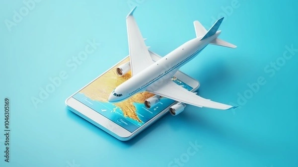 Fototapeta 3D airplane showing travel booking app, realistic design, highdefinition textures, creative elements, modern travel concept
