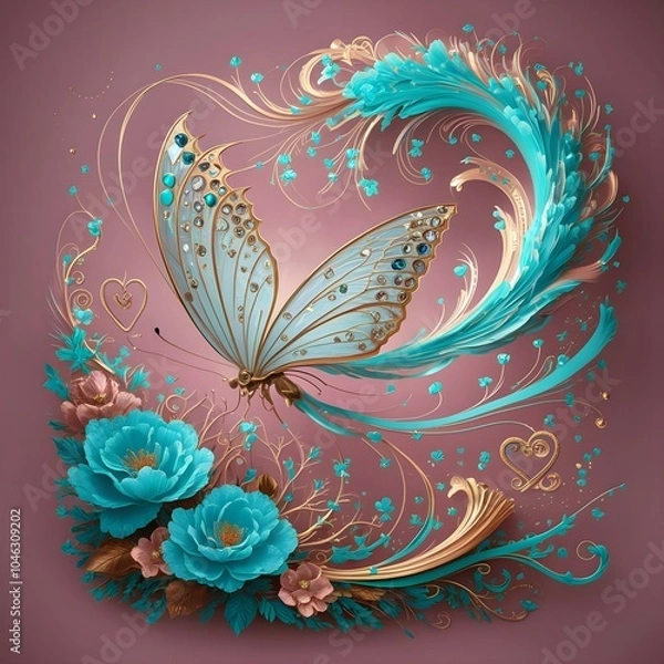 Fototapeta A butterfly landing on a blooming flower branch, Abstract Floral Swirls Background, Swedish Princess Cake with marzipan, metallic sculpture.