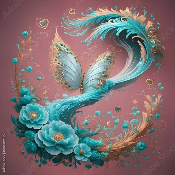 Fototapeta A butterfly landing on a blooming flower branch, Abstract Floral Swirls Background, Swedish Princess Cake with marzipan, metallic sculpture.