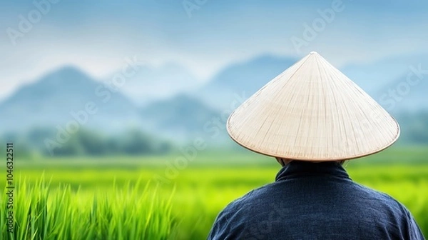 Fototapeta A person in a traditional conical hat gazes over lush green rice fields under a serene sky.
