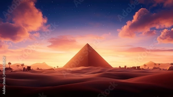 Obraz Majestic pyramid under a colorful sunset in a serene desert landscape.