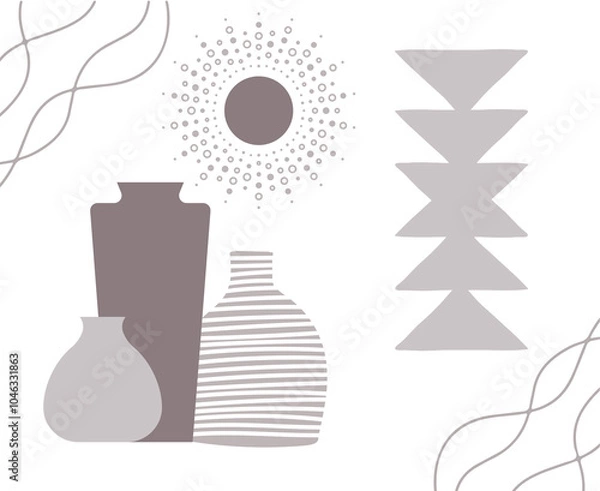 Fototapeta Minimalist Greek vase with boho shapes in shades of grey with a white background
