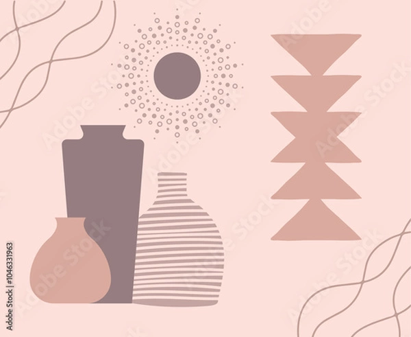 Fototapeta Minimalist Greek vase with boho shapes inn dark grey and pink with a light pink background