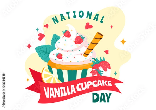 Fototapeta National Vanilla Cupcake Day Vector Illustration on November 10 featuring Cupcakes Topped with Sprinkle, Strawberry and Vanilla Cream in a Background