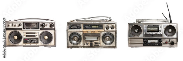 Fototapeta Set of a vintage boombox, featuring classic buttons and speakers, with retro design details, isolated on transparent background.