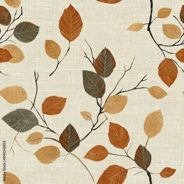 Obraz Vintage retro style birch leaf pattern on vintage beige fabric background, seamless repeating pattern, textile print style, minimal, retro plant design, seamless birch leaf pattern, wallpaper
