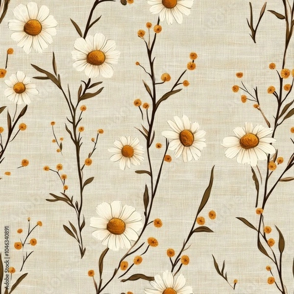 Fototapeta Vintage retro style chamomile sprig pattern on vintage beige fabric background, seamless repeating pattern, textile print style, minimal, retro plant design, seamless chamomile pattern, stationery