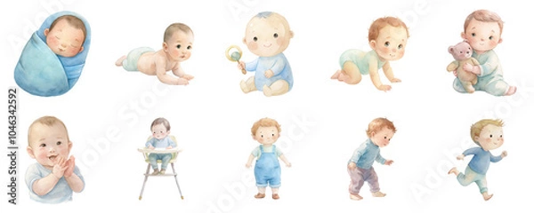 Fototapeta Baby development stages, featuring swaddled newborns, crawling infants and toddlers taking first steps, watercolor illustration set. Each element isolated on transparent background