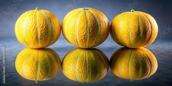Fototapeta Vibrant yellow melons on reflective surface, vibrant, yellow, melon, oval-shaped, textured, reflective, surface, neutral background