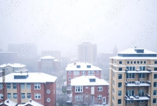 Fototapeta _ . Snowfall and Cityscape A window showing a cityscape with sno