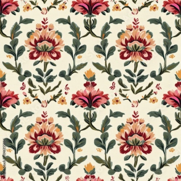 Fototapeta Vintage Victorian detailed floral embroidery pattern on vintage beige fabric background, seamless repeating pattern, textile print style, minimal, Victorian design, seamless detailed floral