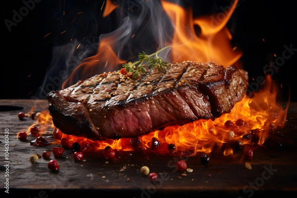 Obraz Grill steaks on a grill with flames