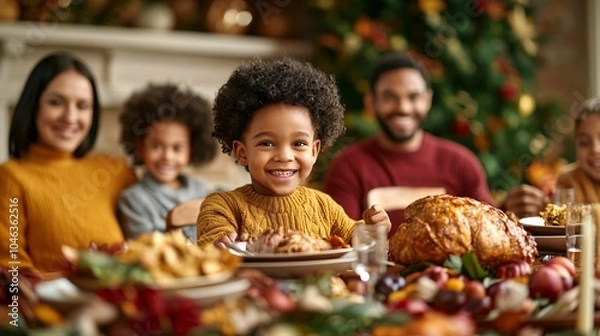 Fototapeta A joyful family gathers around a festive table filled with delicious food, celebrating together in a warm, cheerful environment.