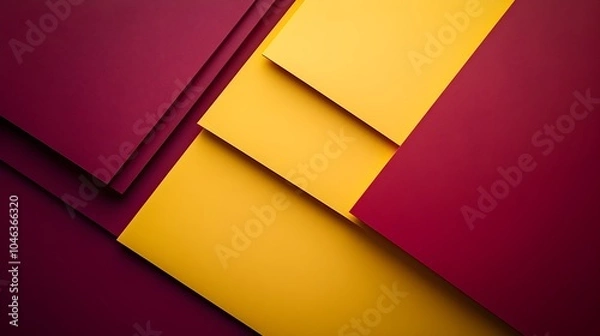 Obraz Top-down view of bright yellow paper sheets meticulously arranged on a deep burgundy background, clean and precise graphic design layout, ideal for modern design resources
