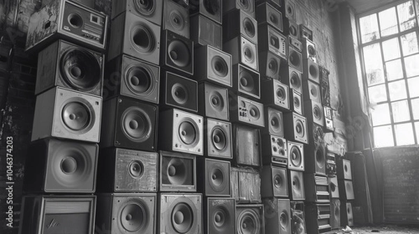 Fototapeta A captivating arrangement of vintage speakers set against a rustic wall illuminated by natural light in an abandoned warehouse