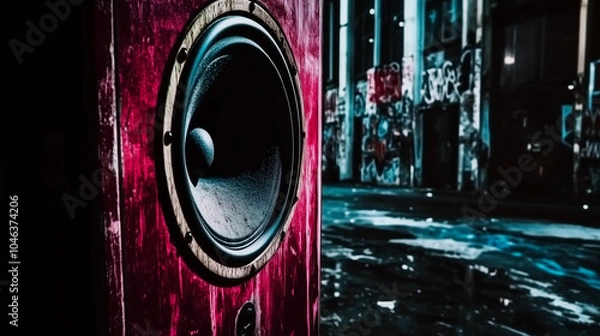 Fototapeta A vibrant urban soundscape featuring a large speaker against a graffiti-covered wall in a dimly lit alleyway at night