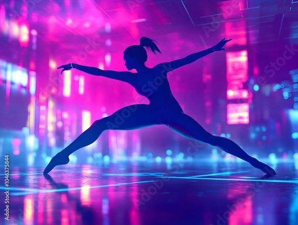 Obraz Powerful Gymnast Performing Acrobatic Routine in Neon Lit Retrofuturistic Cityscape