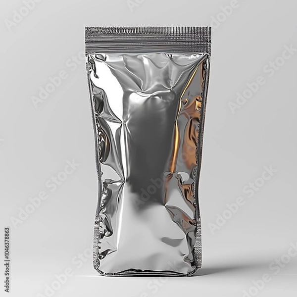 Fototapeta  Blank Silver Foil Pouch Packaging Mockup on a White Background 
