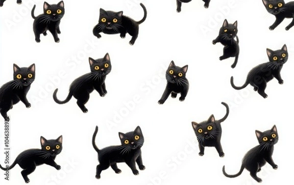 Fototapeta A playful assortment of eerie black cats for Halloween, showcasing their mysterious and spooky charm, with bright yellowish sparkling eyes that add to their allure
