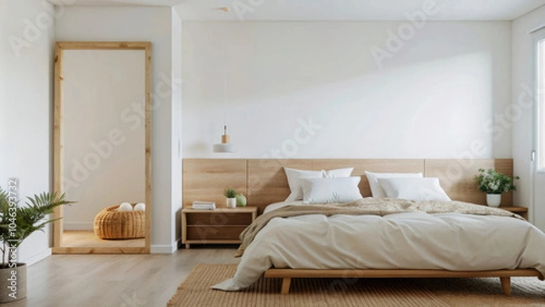 Fototapeta Blank white wall mockup.Blank bedroom interior wall template for presentation,advertise your designs,seamless patterns,wallpaper,illustrations and paintings