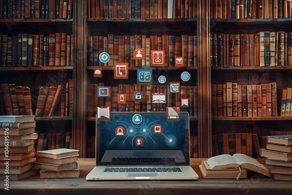 Fototapeta Laptop with Digital Learning and Education Icons in a Library