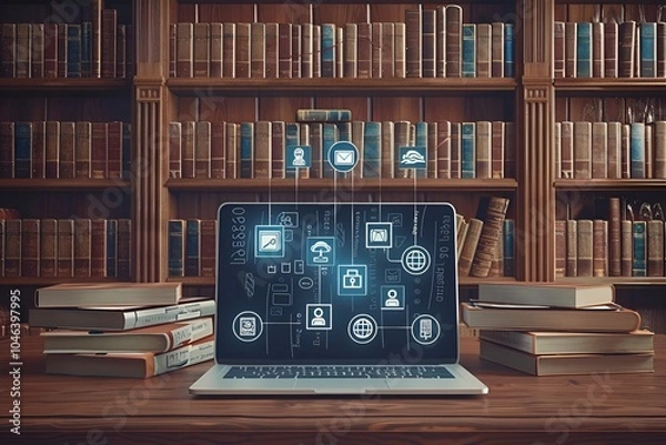 Fototapeta Laptop with Digital Learning and Education Icons in a Library