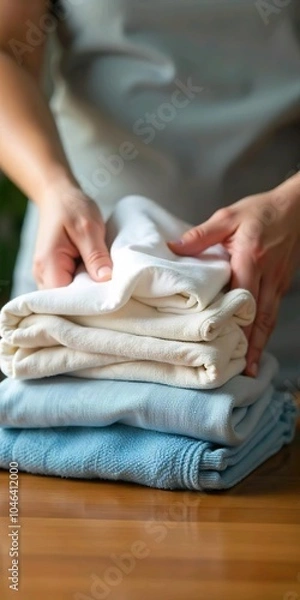 Fototapeta A close-up of a person's hands folding freshly washed and dried clothes on a wooden surface