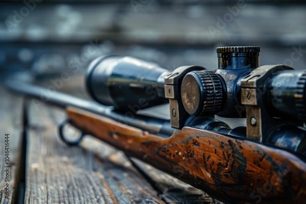 Fototapeta Close up of hunting rifle scope on wooden table
