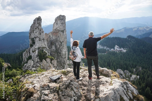Obraz Elderly couple using a laptop on top of a mountain