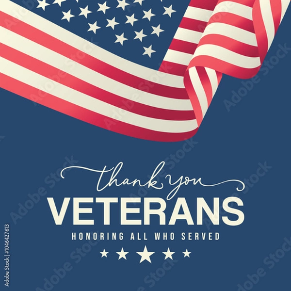 Obraz Veterans day social media post, background design with thank you Veterans text, USA flag waving on blue vintage vector graphics for banner, cards,  sale, saying, wishes, message, quotes, flyer, USA