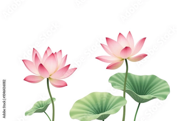 Obraz Soft Pastel Colors in a Realistic Plant Drawing of Pink Lotus Flowers and Green Leaves – Perfect for Botanical Art Enthusiasts
