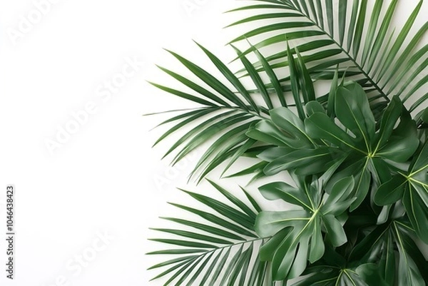 Fototapeta Lifelike palm leaf shrubs arranged in a corner against a white background.