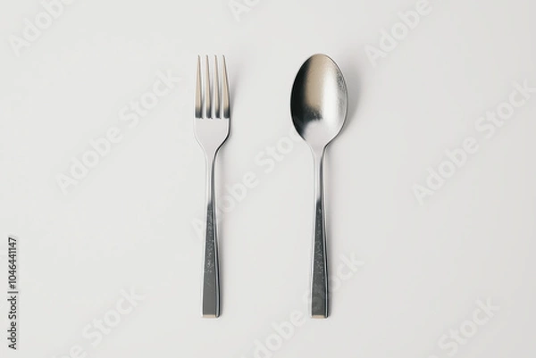 Fototapeta A sleek silver fork and spoon placed side by side on a pristine white surface, metallic reflections