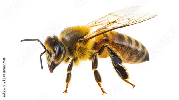 Obraz Detailed close-up of a honey bee showcasing its intricate features and wing structure against a transparent background.