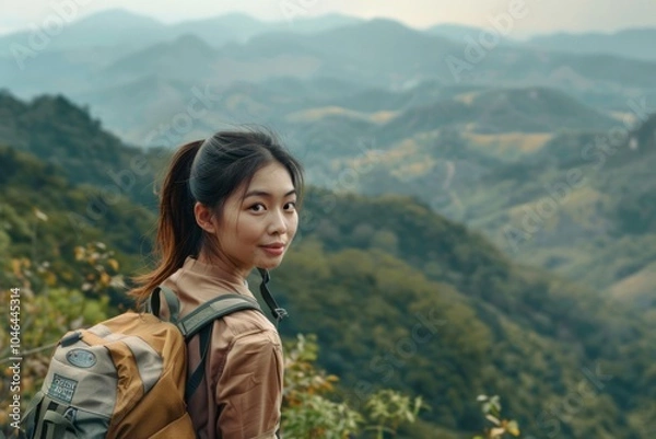 Fototapeta Asian girl enjoying a scenic hike in the mountains.