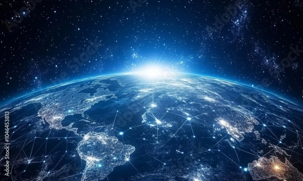 Fototapeta Digital world map planet Earth space global globe sky space 5G wireless network AI big data communication pathways science technology web internet connection transmission cyber cloud computing online