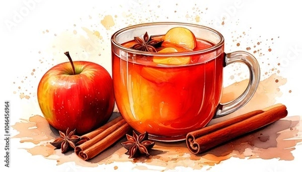 Fototapeta A steaming mug of apple cider, adorned with apple slices, cinnamon sticks, and star anise, captures the essence of the holiday season. Watercolor Illustration. Drawing. Art. 2
