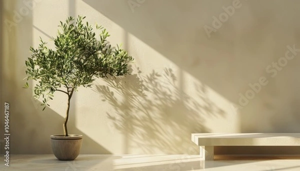 Fototapeta Minimal olive tree on table in sunlight with shadows on beige wall background Mediterranean scene