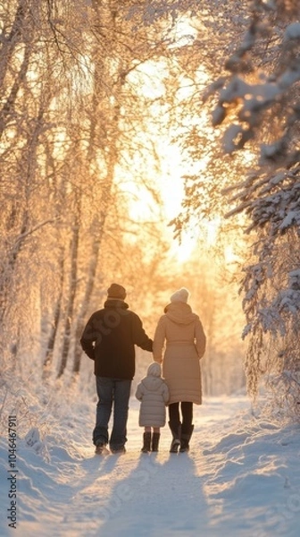 Fototapeta A family walks through a snowy forest. AI.