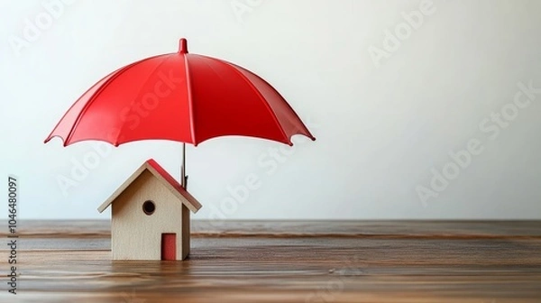 Fototapeta A small house model protected by a red umbrella, symbolizing home safety.

